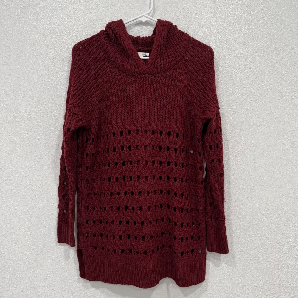 Maurices Womens Burgundy Pointelle Knit Hooded Sweater Tunic Red Size M